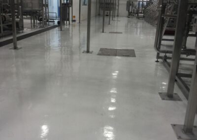Pasillo con piso epóxico brillante aplicado por GSA Ingeniería en industria de alimentos